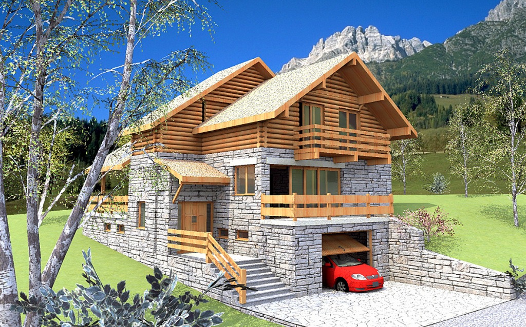 Proiect de casă din piatră şi lemn, cu mansardă şi garaj- Montana,Variantă Casa Montana