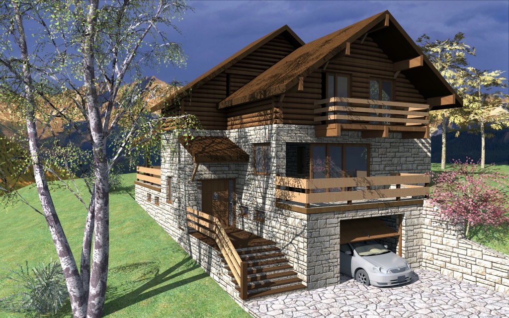 Proiect de casă din piatră şi lemn, cu mansardă şi garaj- Montana- 1